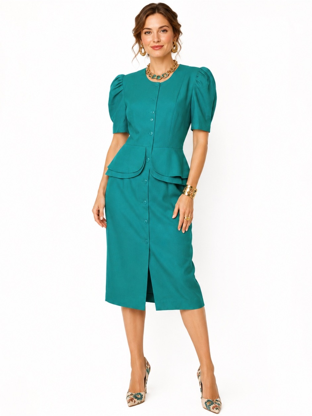 VTG 80s 90s Jessica Howard Teal Peplum Dress Womens SZ 14 Boss Office Secretary